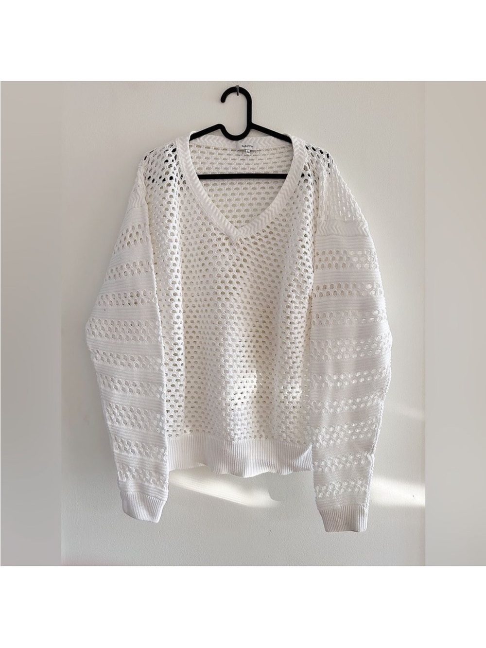 Babaton White Open-Knit V-Neck Sweater